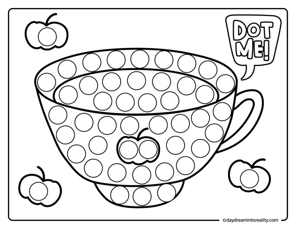 Fall dot marker coloring page with tea cup and dot me text