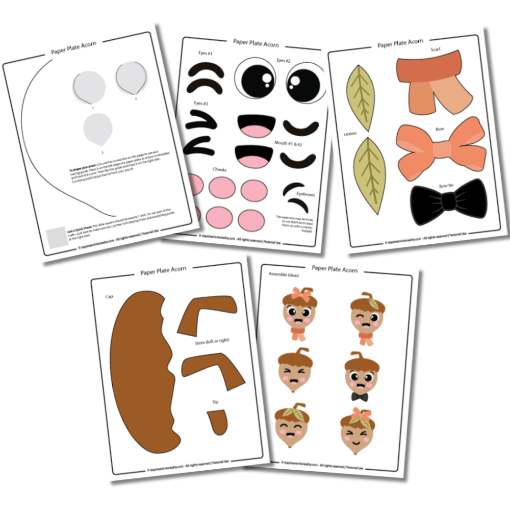 Paper plate acorn craft template in full color
