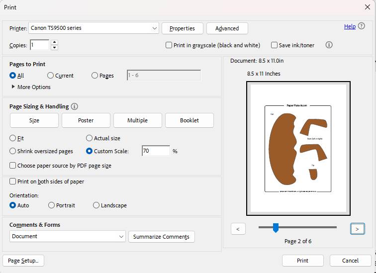 Printing Settings for making a baby acorn with 6 inch plates