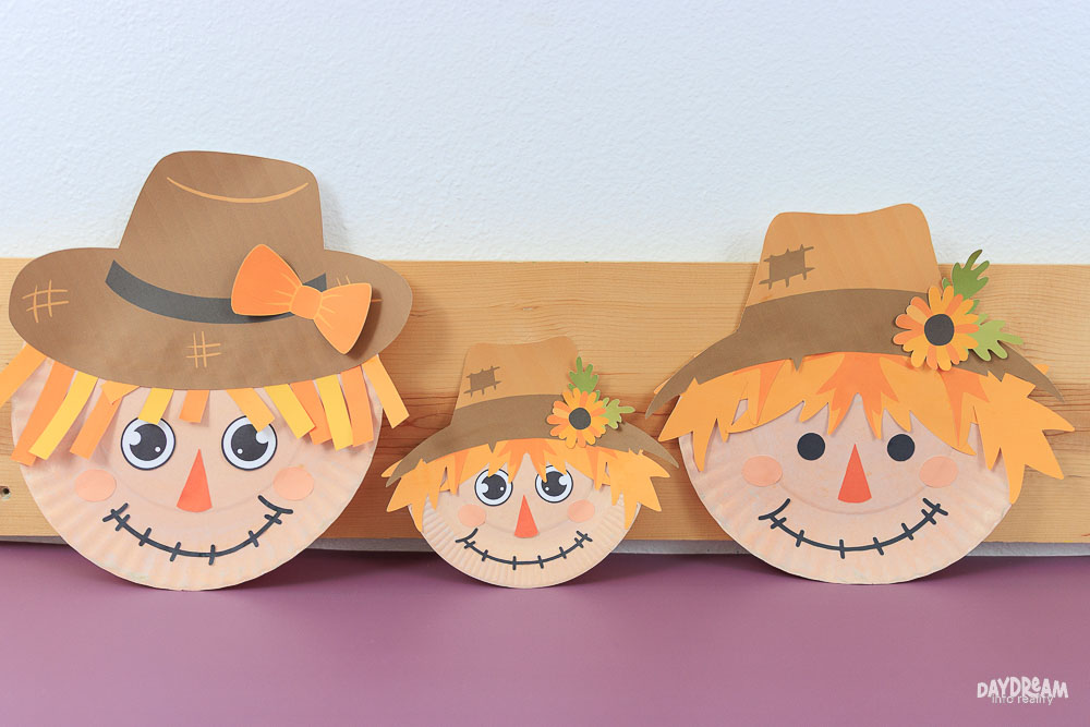three cute paper plate scarecrows