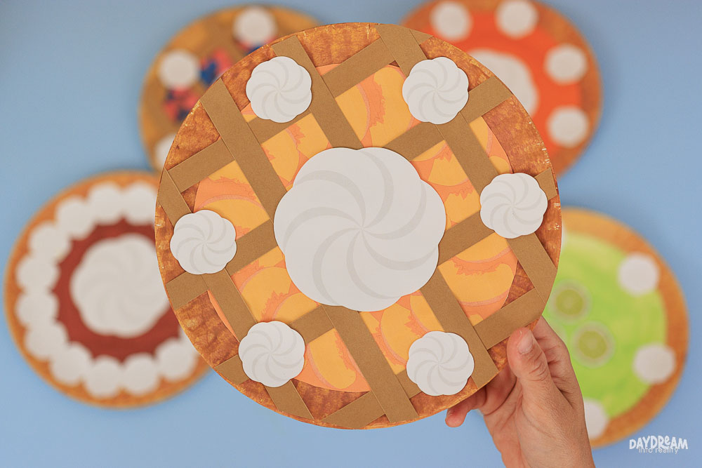 paper plate peach pie craft for kids with lattice crust and whipped cream