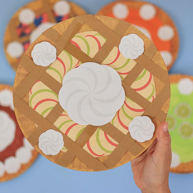 paper plate apple pie craft for kids with lattice crust and whipped cream