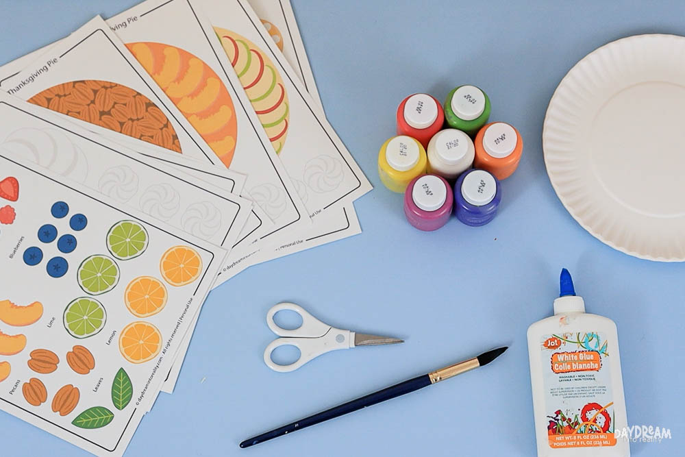 materials for making paper plate pies (pumpkin, pecan, apple, blueberry, berries, and more!)