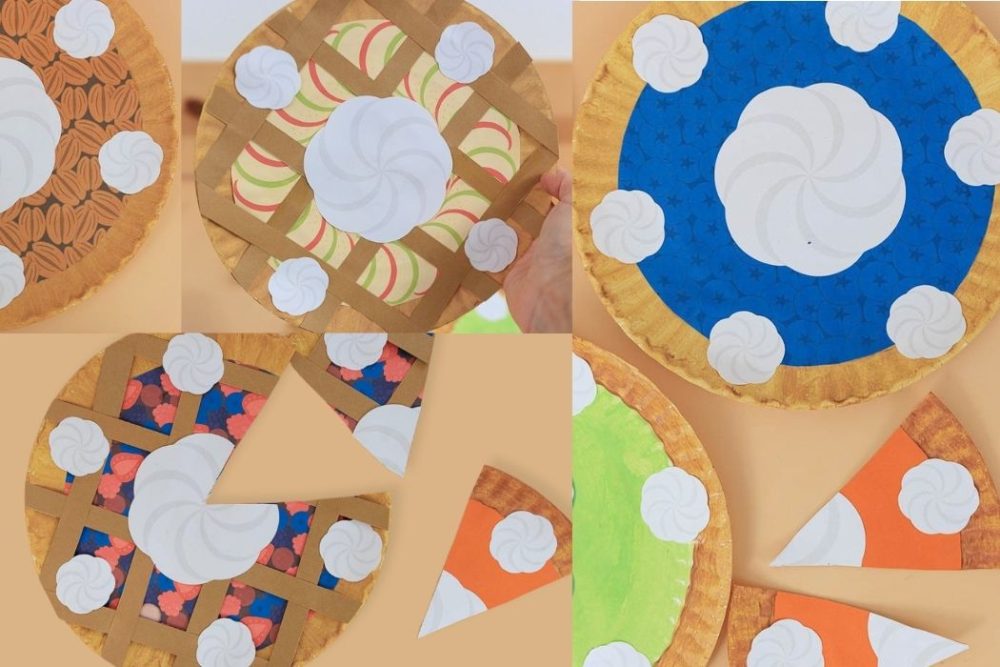 assorted paper plate Thanksgiving pie crafts in different flavors (featured image horizontal)