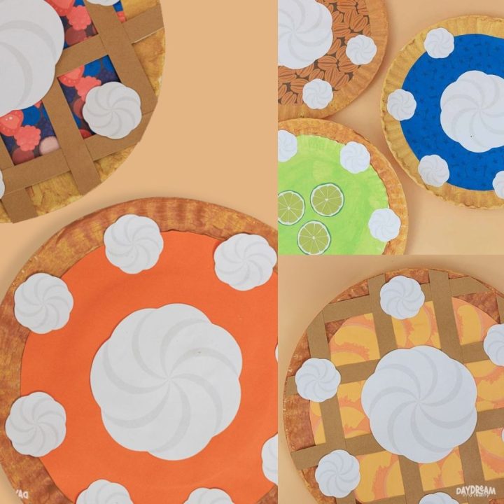 assorted paper plate Thanksgiving pie crafts in different flavors (featured imaged)