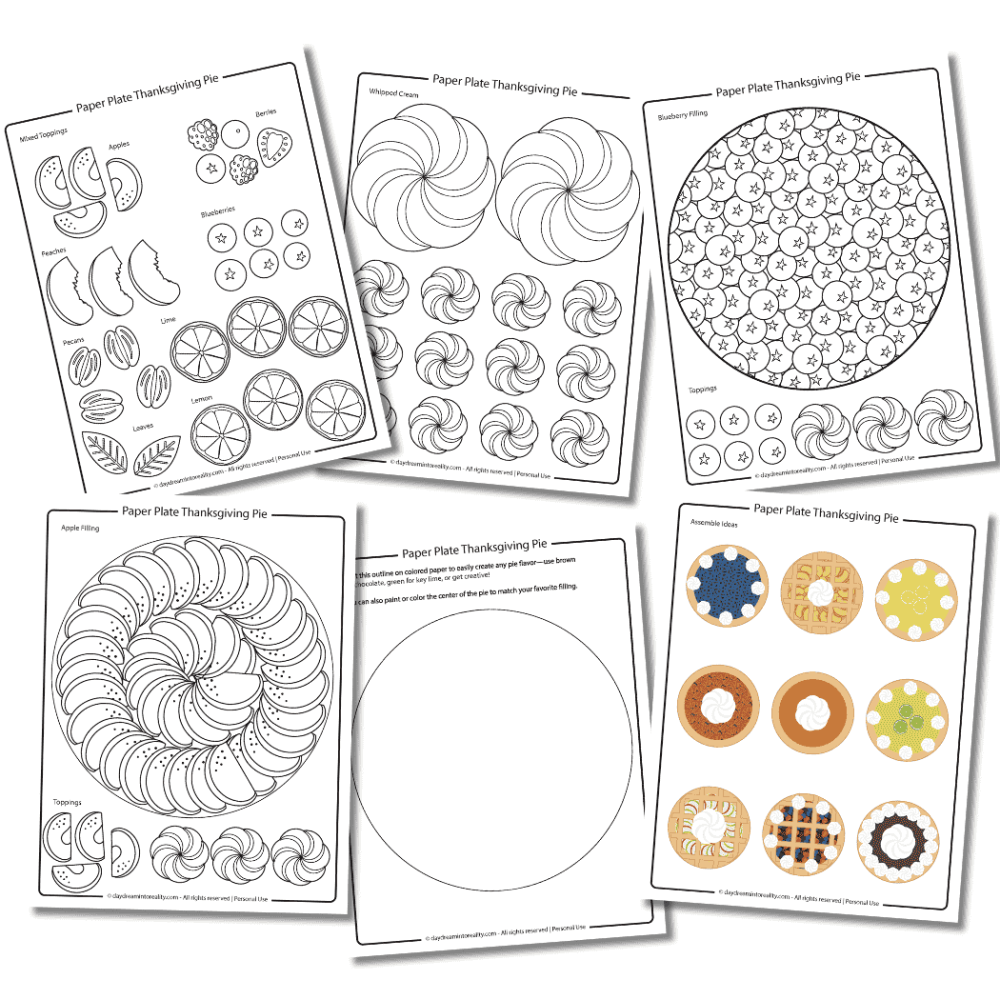 printable coloring version of paper plate Thanksgiving pie templates