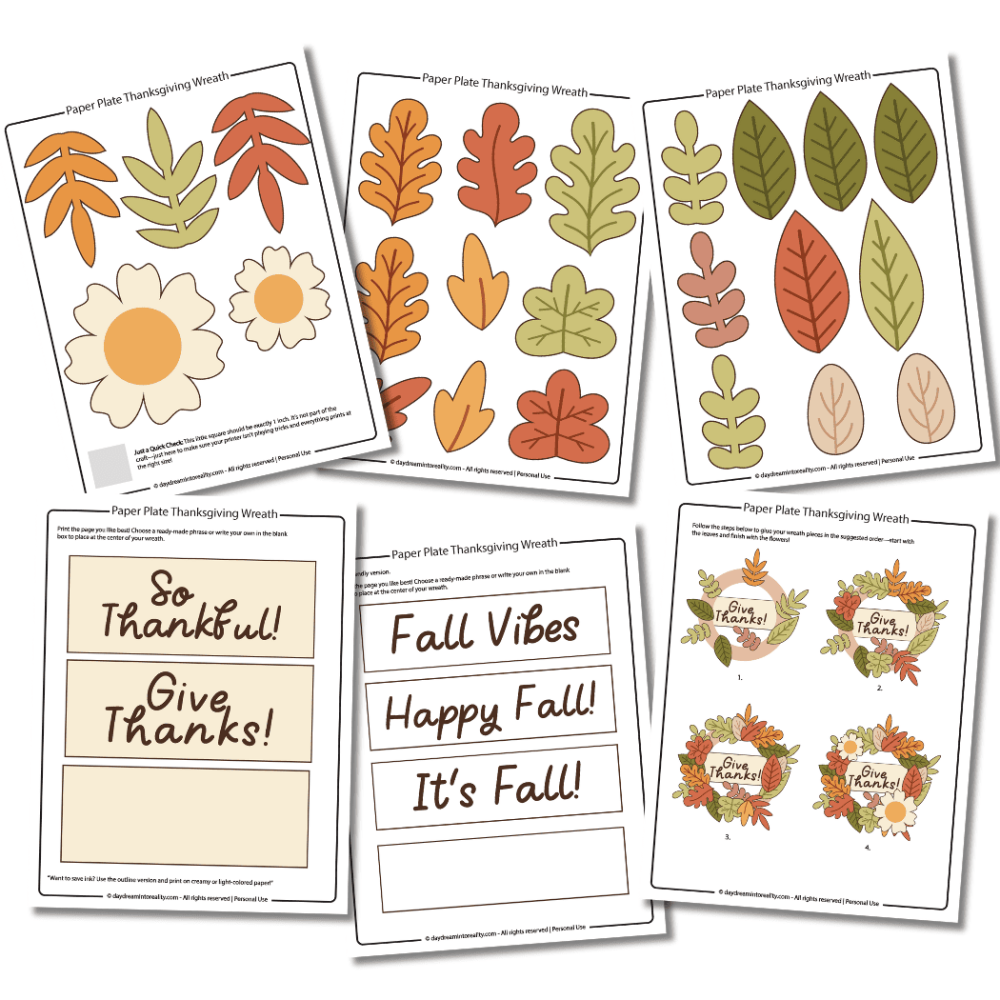 Free printable colored templates for paper plate Thanksgiving wreath craft including leaves, flowers, message banners, and wreath layout.