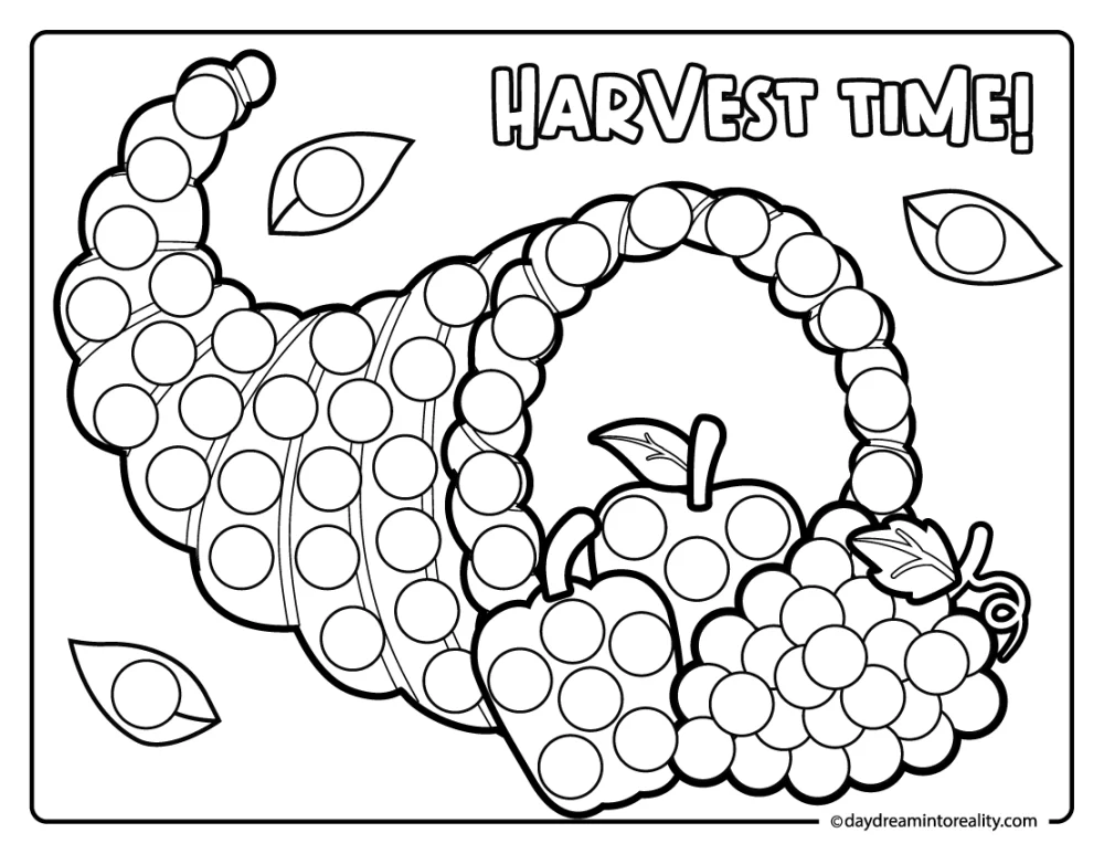Thanksgiving dot marker coloring page with cornucopia harvest time text