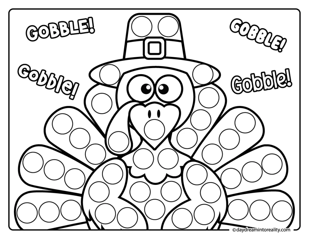 Thanksgiving dot marker coloring page with turkey gobble gobble text