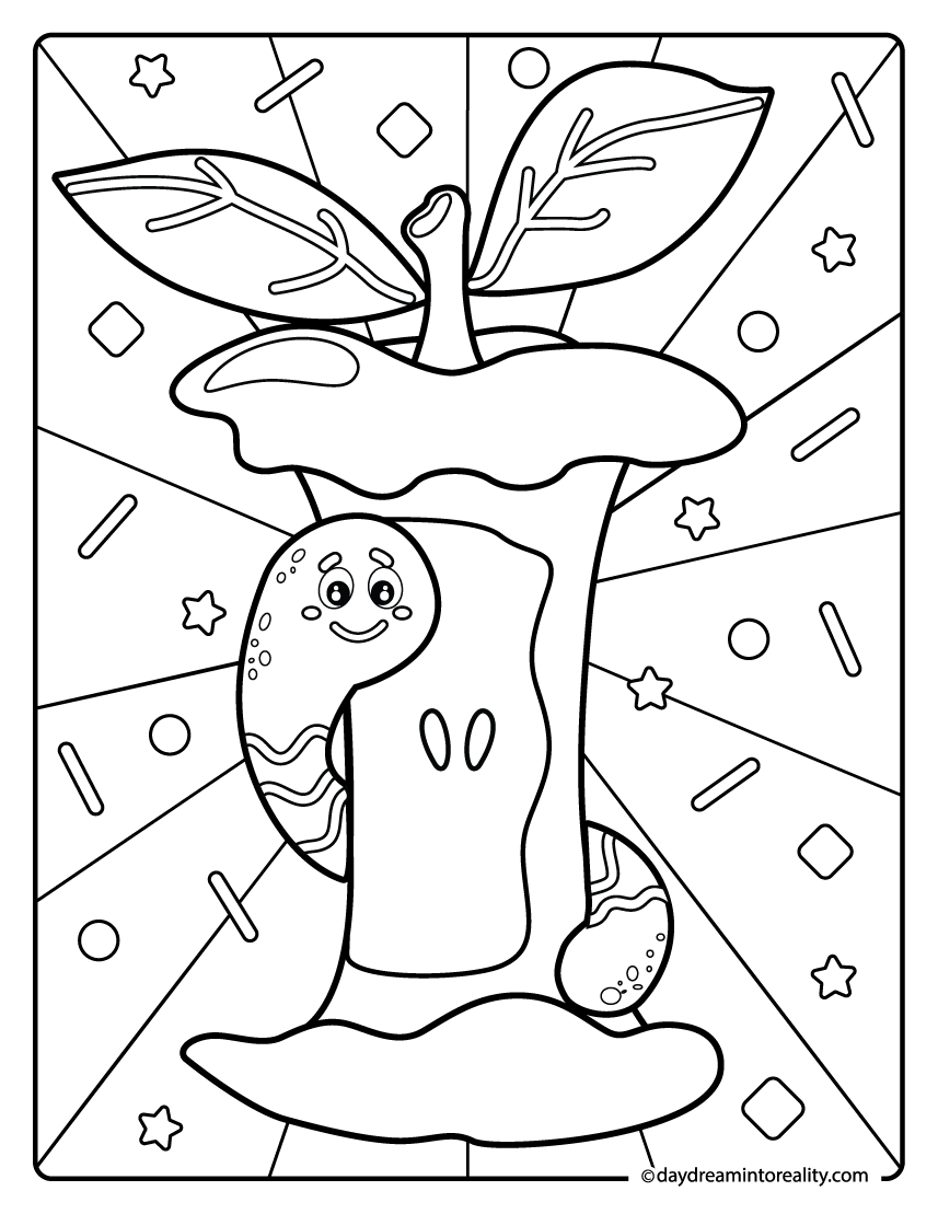 apple core with worm coloring page, fun autumn harvest printable
