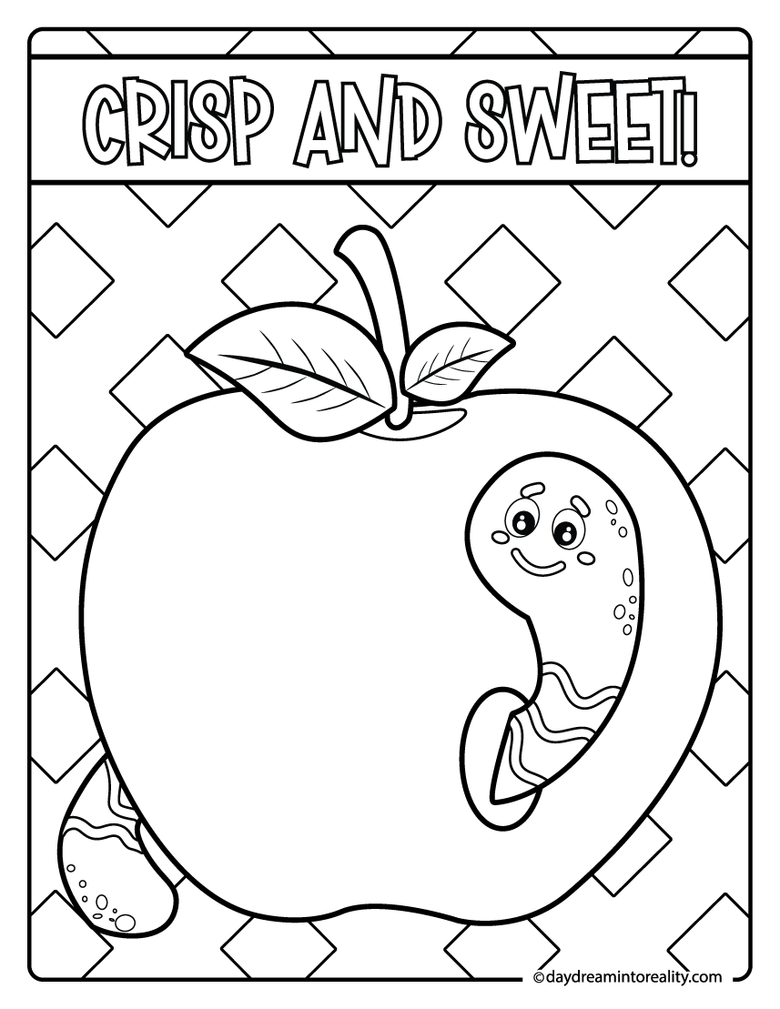 apple with worm coloring page crisp and sweet text, fun fall harvest printable for kids