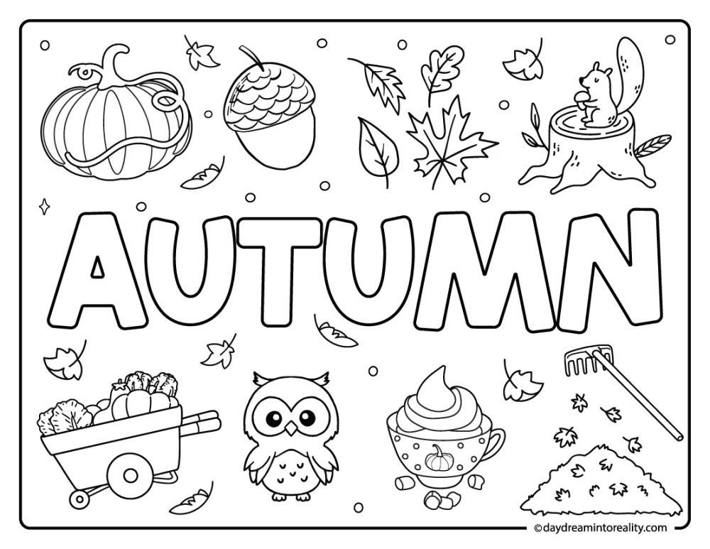 AUTUMN word with doodles coloring sheet, seasonal fall printable