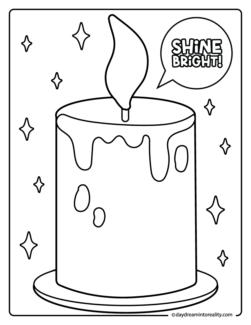 fall candle with flame coloring sheet, shine bright text activity page