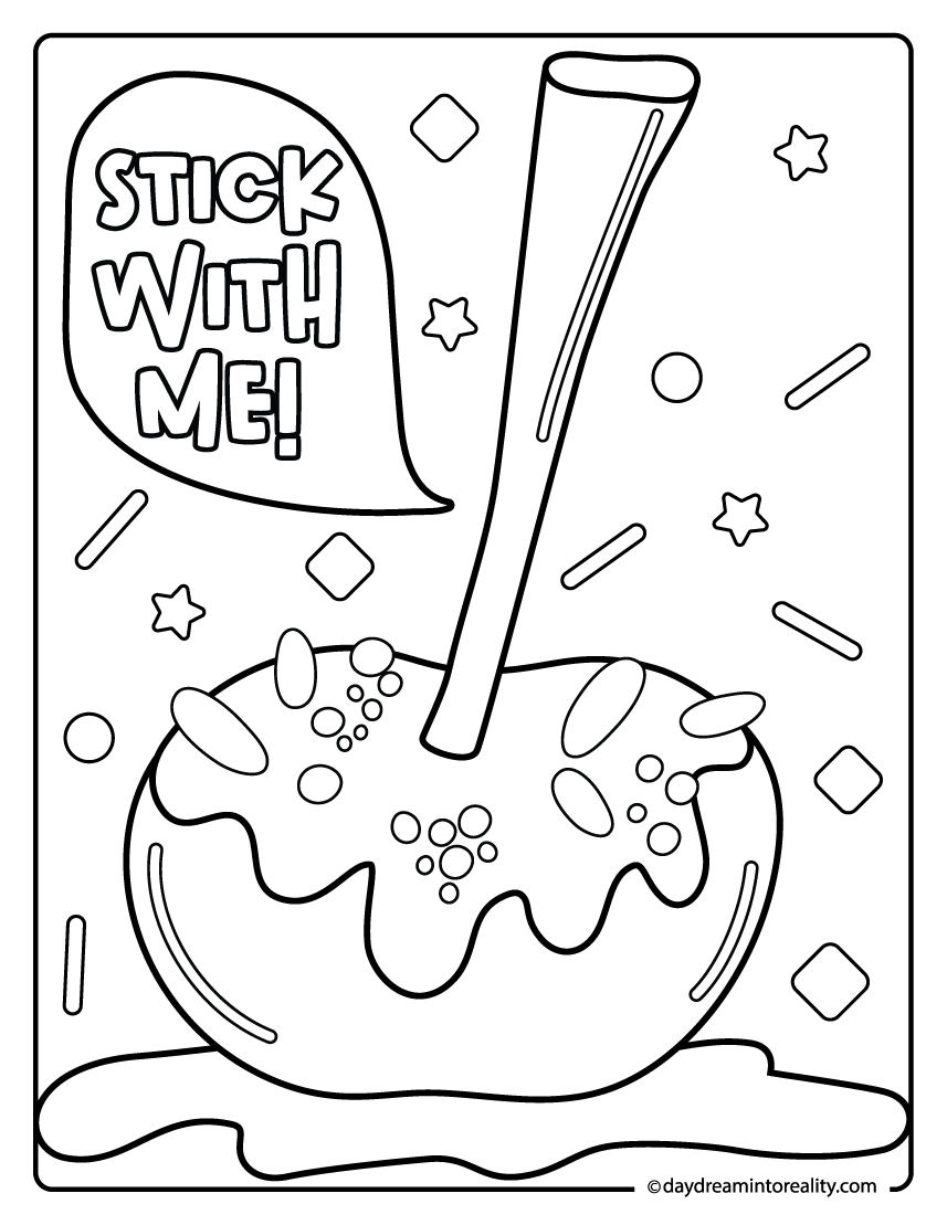 caramel apple on stick coloring page with stick with me text, fall activity