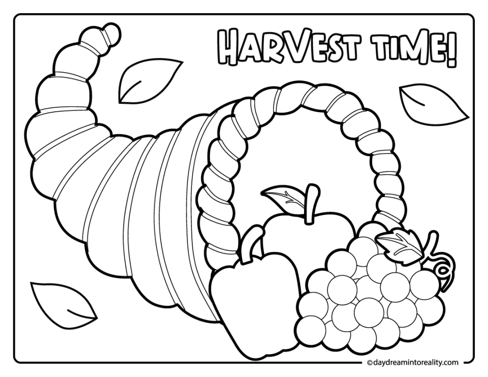 cornucopia full of food coloring page, harvest time thanksgiving activity