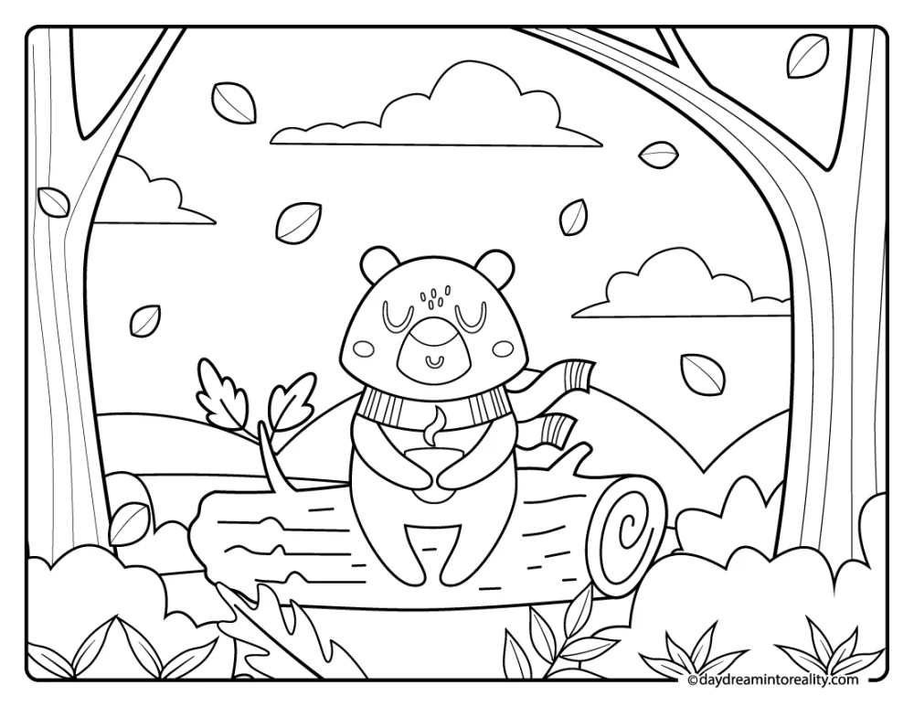 bear wearing scarf holding tea coloring page, cozy autumn printable