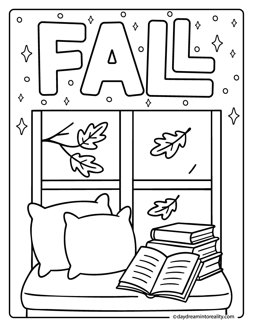 cozy reading nook with pillows and books coloring page, fall printable