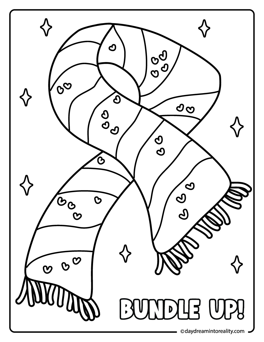 cozy scarf with bundle up text coloring page, fall printable for kids