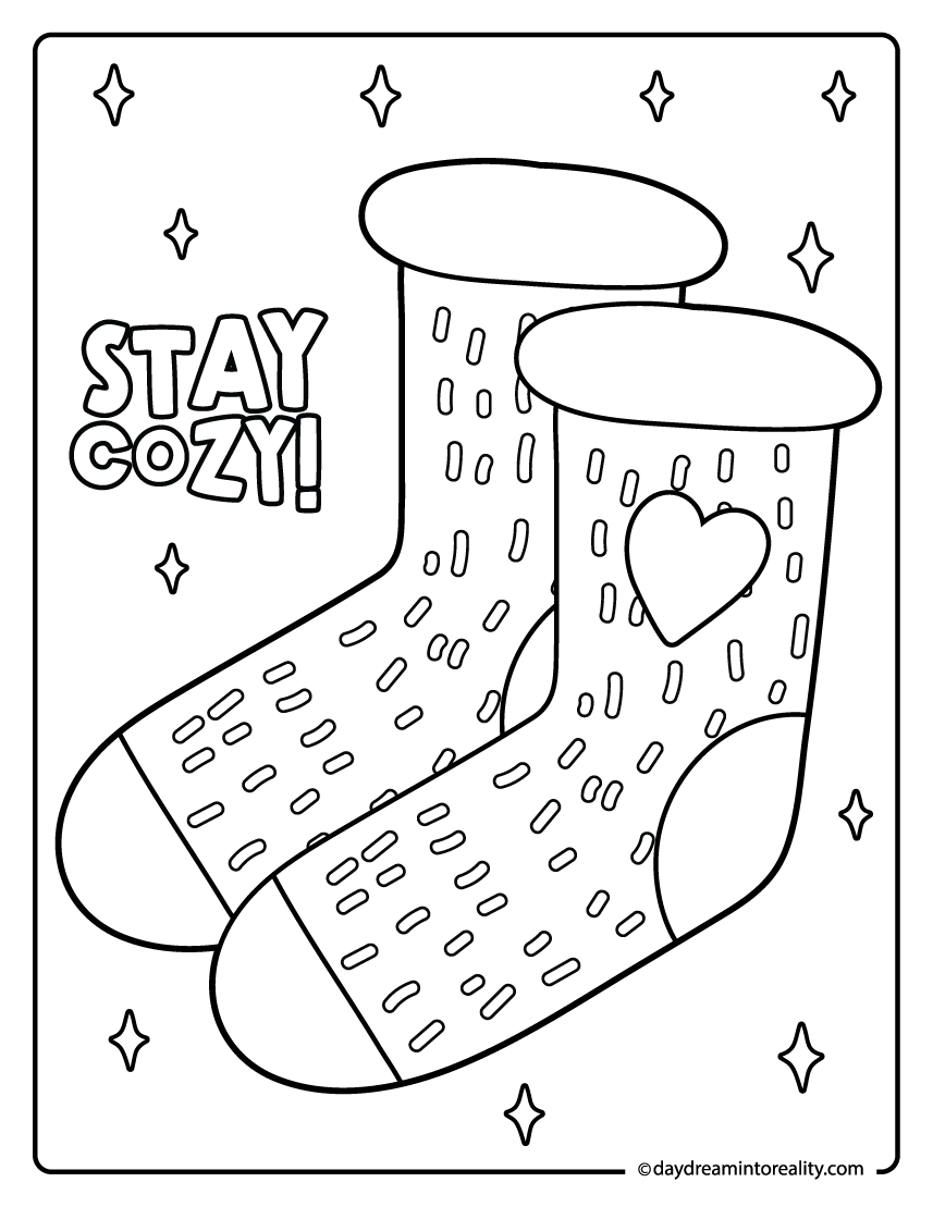 cozy patterned socks coloring sheet with stay cozy text, fall printable