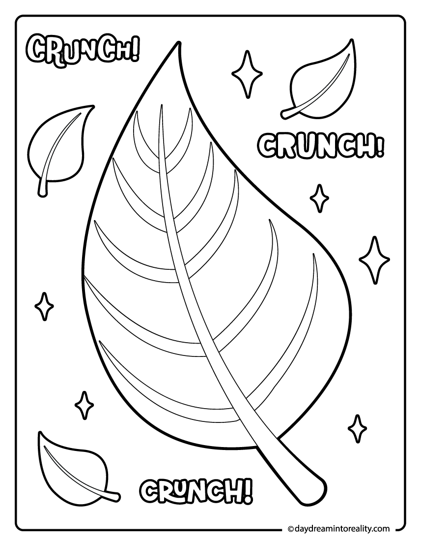 fall leaf coloring page with crunch crunch text for kids to color