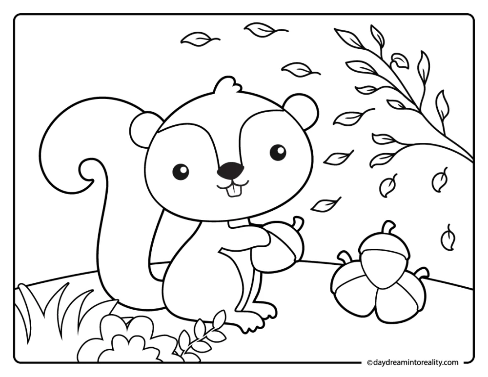 squirrel holding acorns coloring page, fun fall printable for children