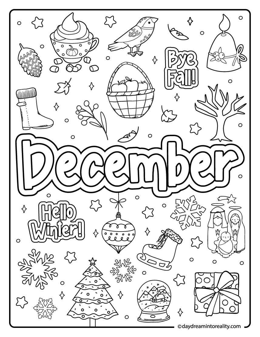 december doodle coloring page with bye fall text, snowflakes, ornaments, and hello winter text