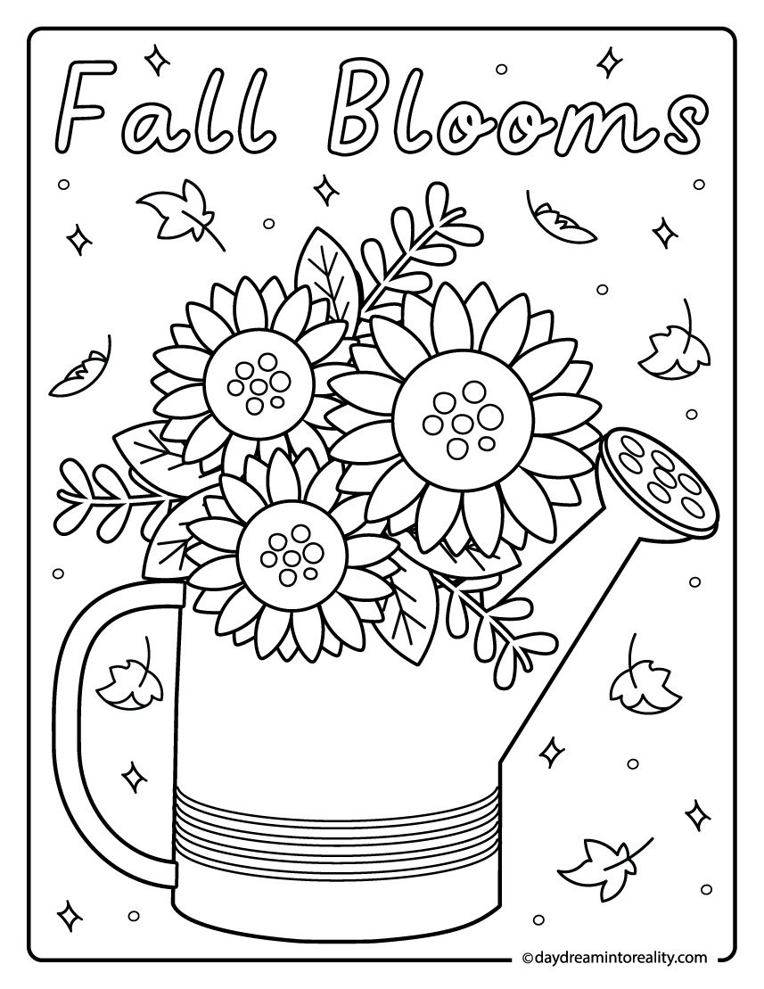 watering can with sunflowers coloring sheet, fall blooms printable for kids
