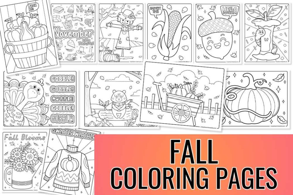 autumn coloring pages bundle free printables, fall harvest and thanksgiving coloring sheets for kids with pumpkins, animals, and seasonal doodles