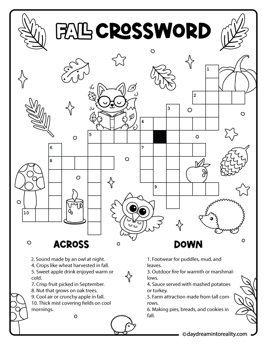 Easy fall crossword puzzle with 12 words for kids in 1st to 3rd grade.