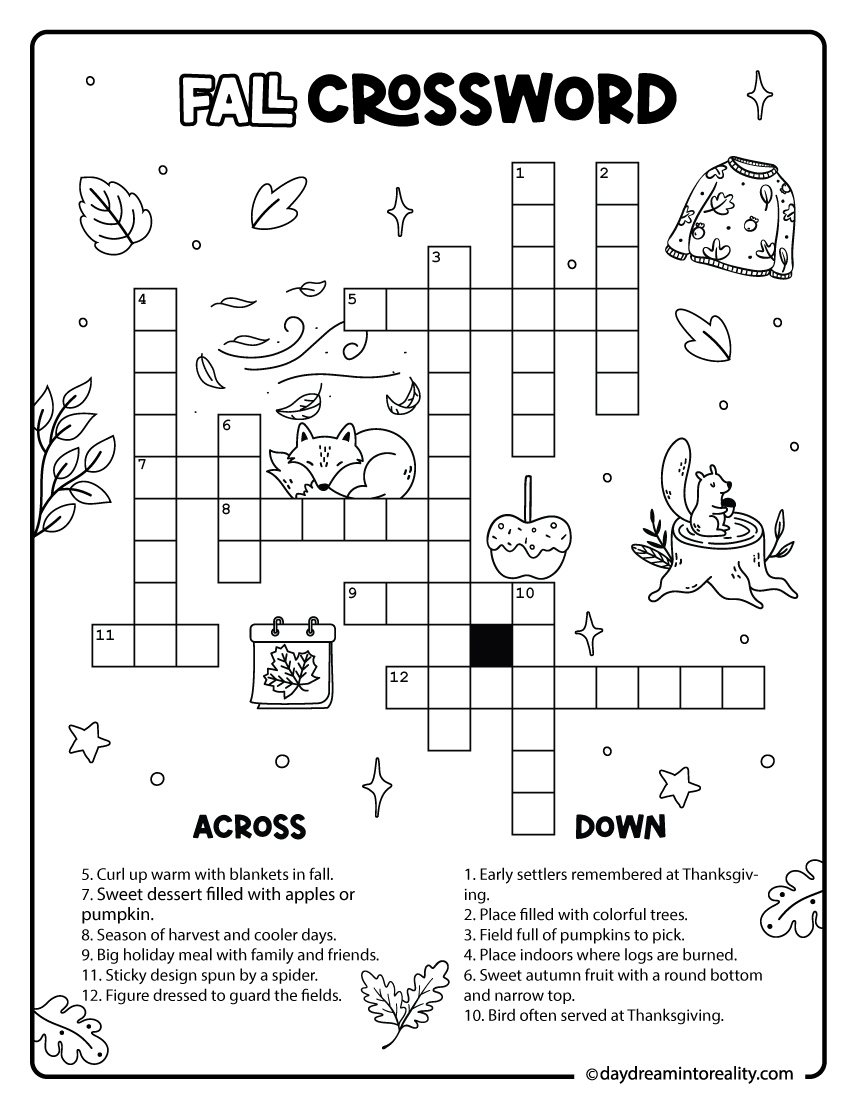 Beginner autumn crossword printable for elementary kids in grades 1–3.