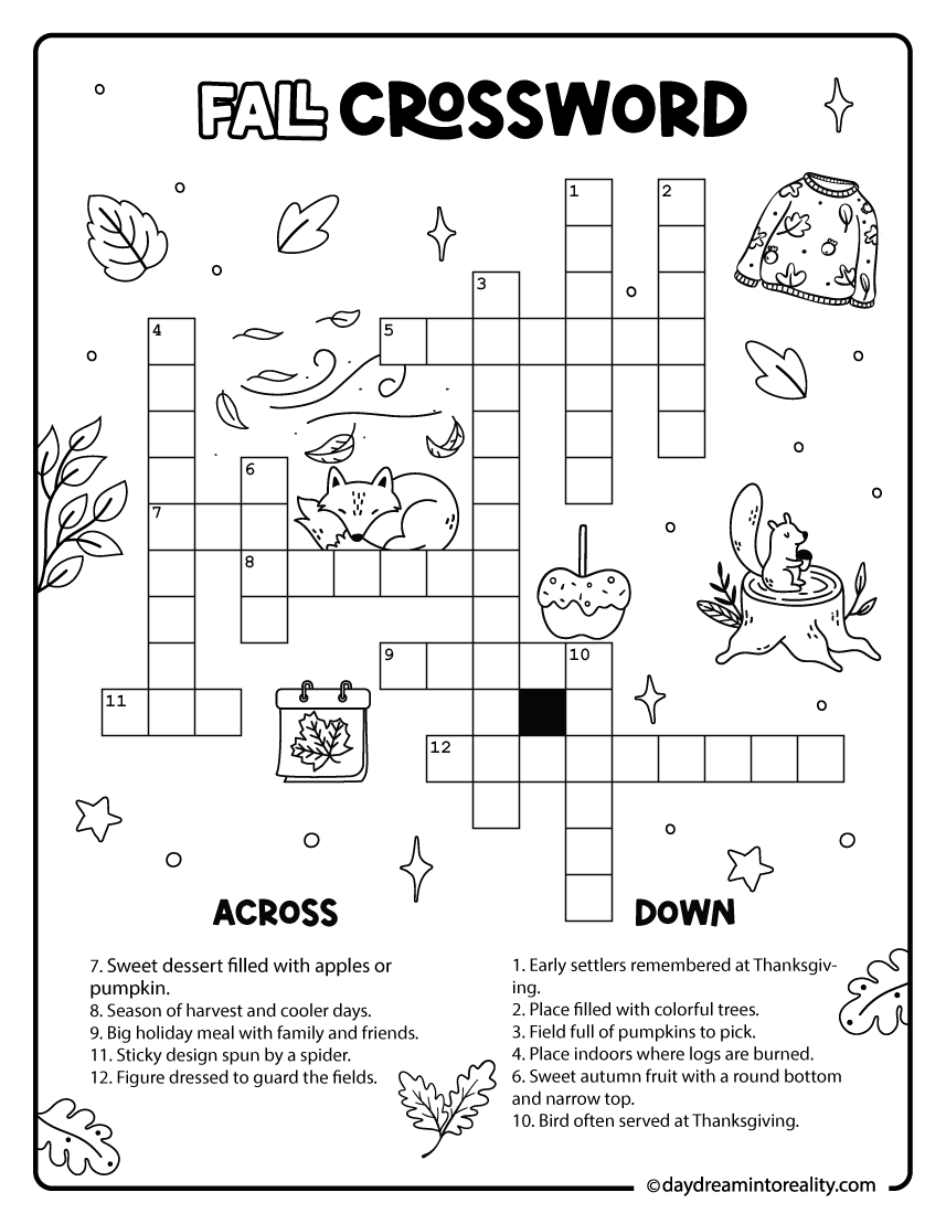 Beginner autumn crossword printable for elementary kids in grades 1–3.
