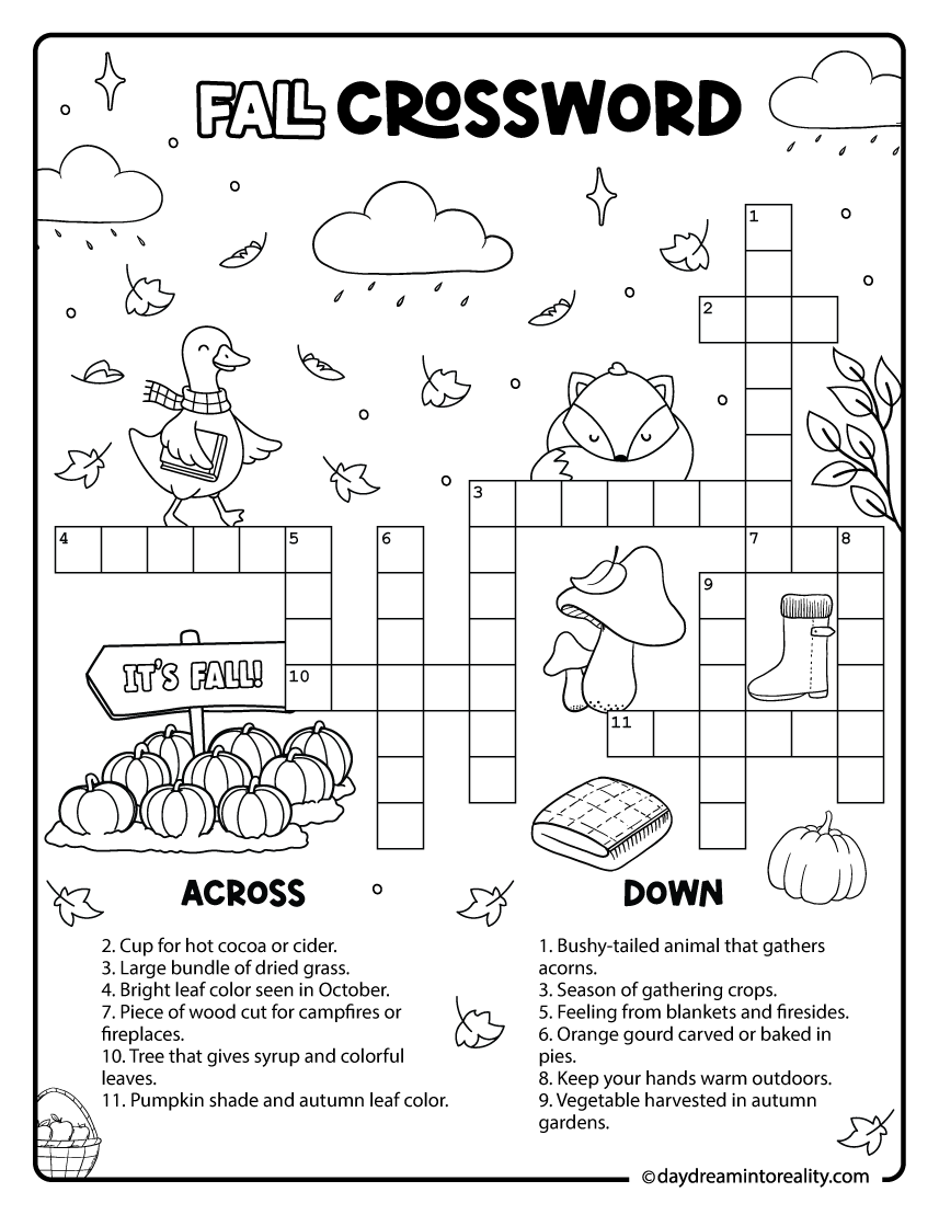 Simple fall crossword activity with 12 words for children in grades 1–3.