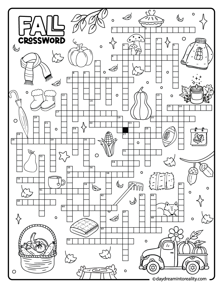 Extra hard fall crossword with 50 words for adults and advanced solvers.