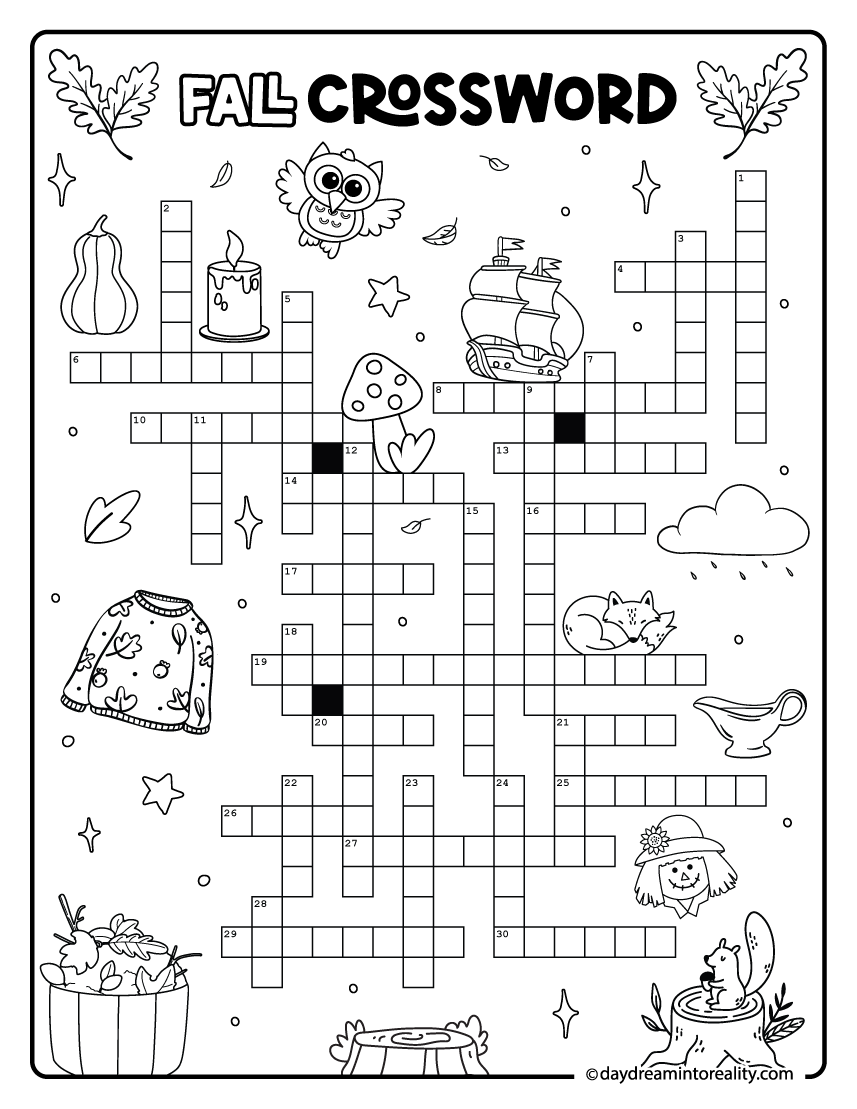 Hard fall crossword printable with 30 words for teens and adults.