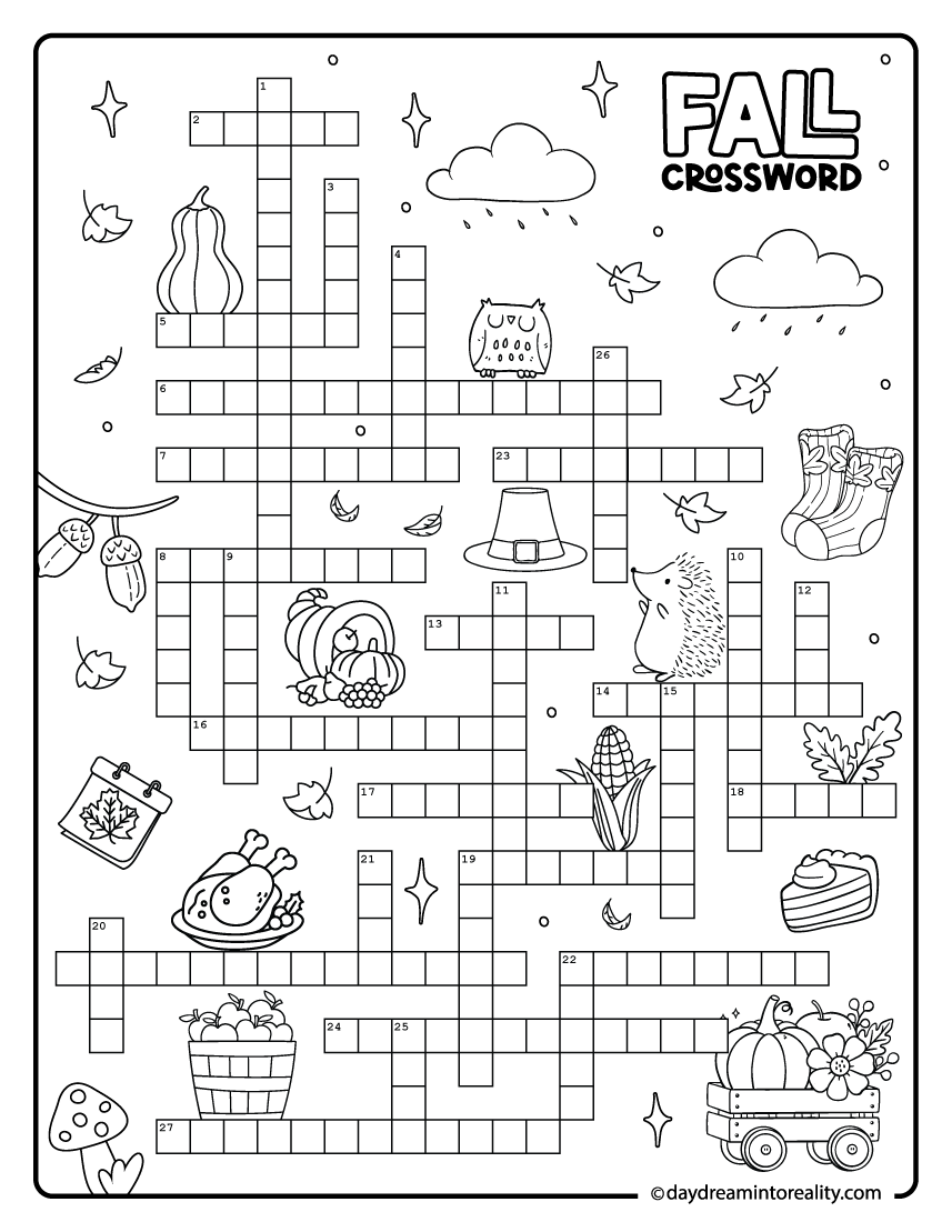 Difficult autumn crossword puzzle for 8th grade students and adults.