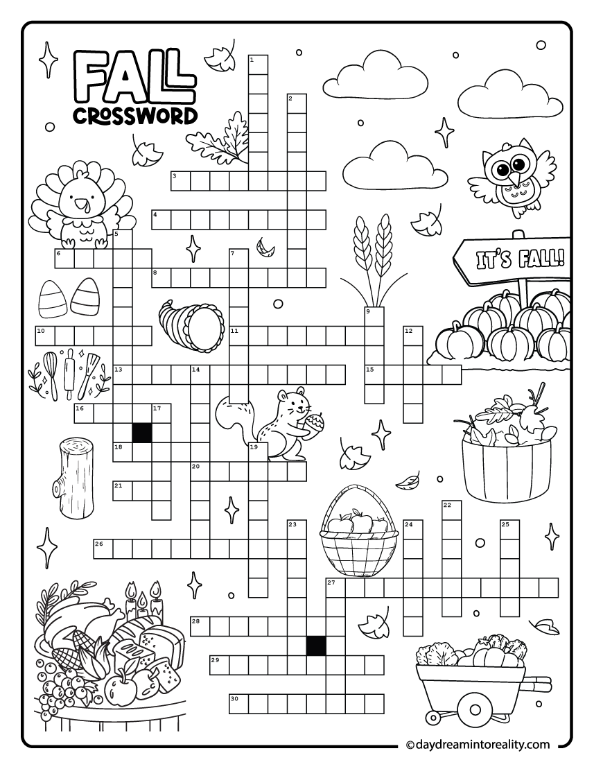 Hard fall crossword worksheet for teens and adult crossword fans.
