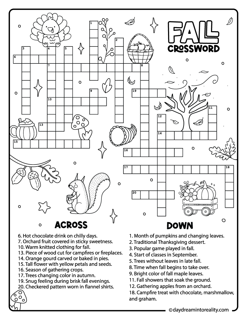 Medium fall crossword puzzle with 20 words for kids in grades 4–8.
