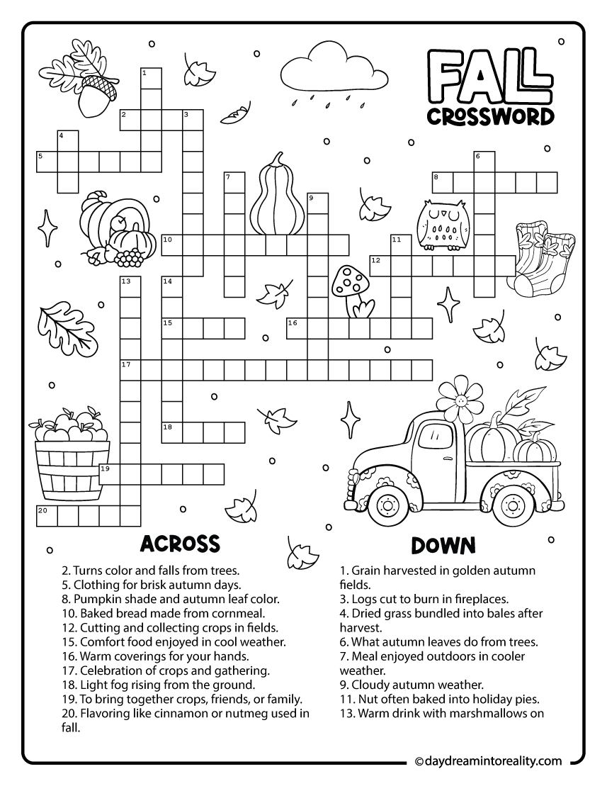 Printable autumn crossword at medium difficulty for upper elementary and middle school students.