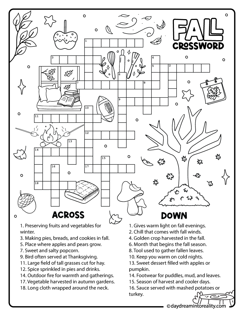 Fall crossword worksheet with 20 words for grades 4–8 learners.