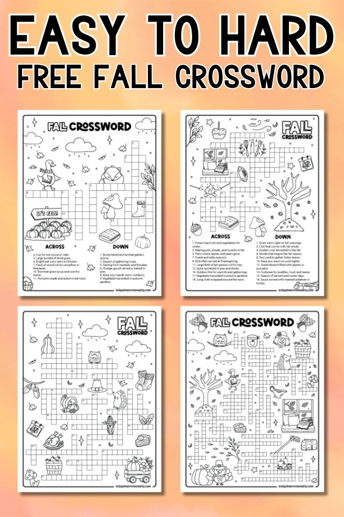 Fall crossword free printable with multiple difficulty levels, great for kids, classrooms, and adults.