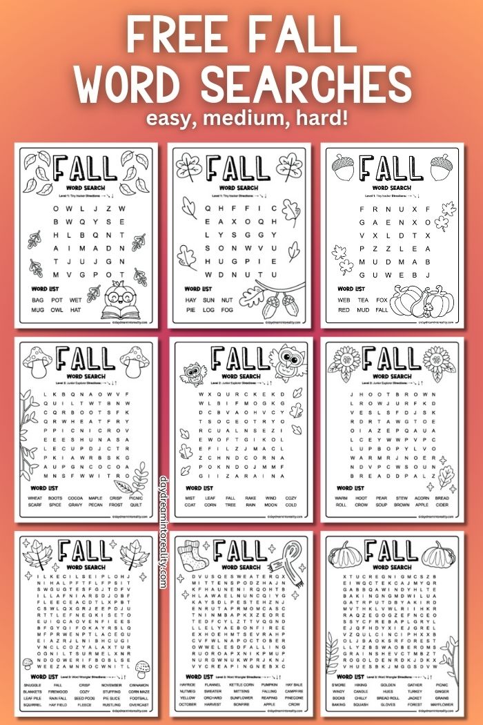 easy to hard fall word search puzzles for kids free printable pdf
