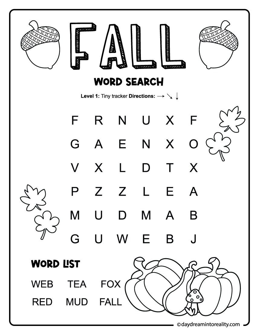 beginner fall word search puzzle for early learners
