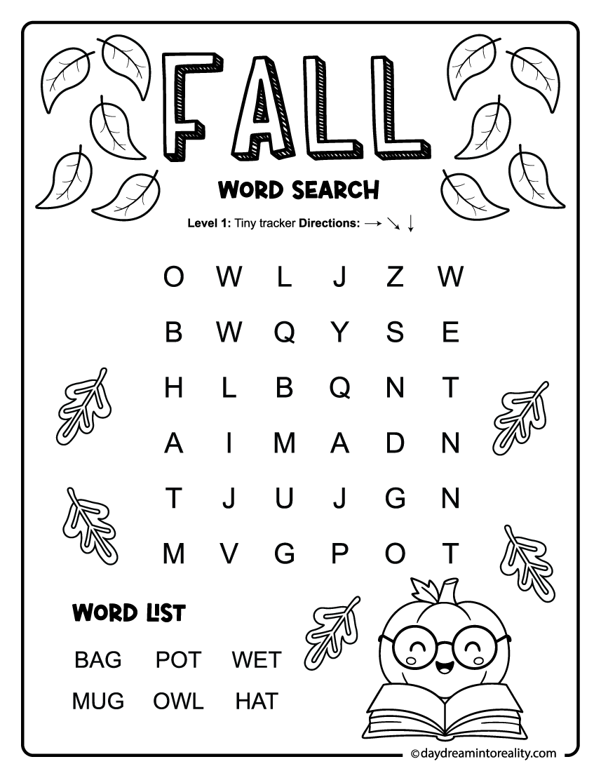 simple fall word search for kindergarten with short words (including CVC)