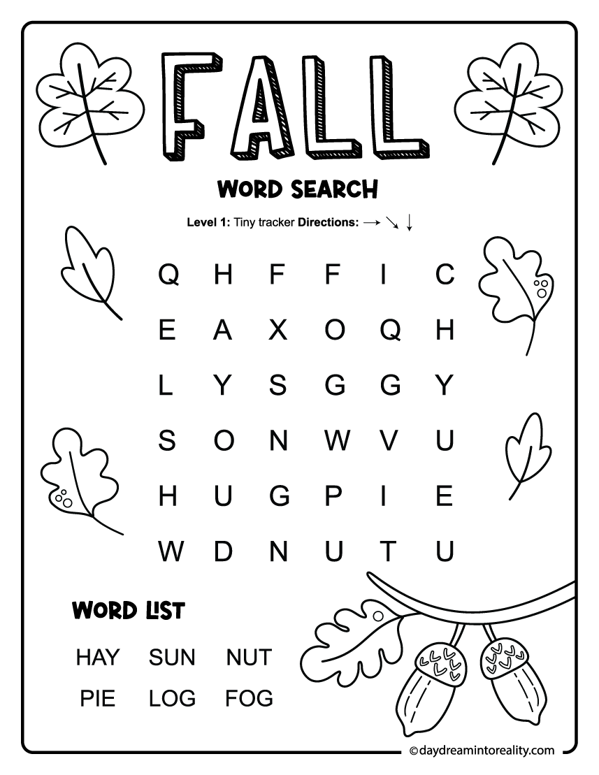 easy fall word search for preschool kids with 6 words (including CVC)
