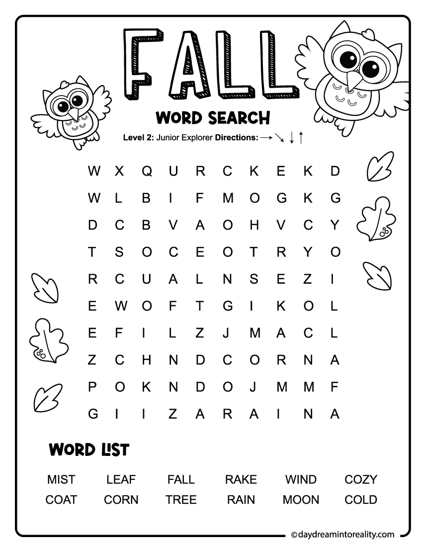 fall word search for first grade with 12 words