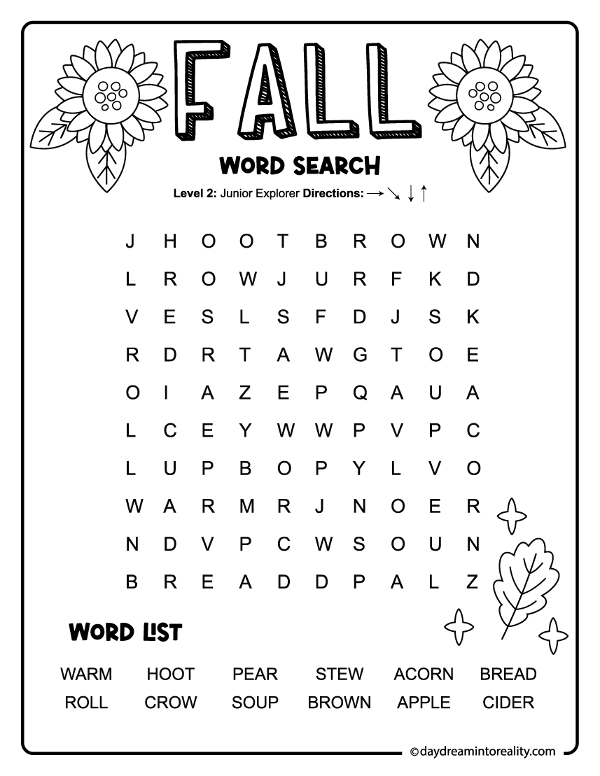 printable fall word search for 1st and 2nd graders (12 words)