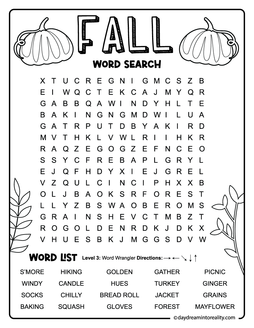 fall word search for elementary kids with 20 words