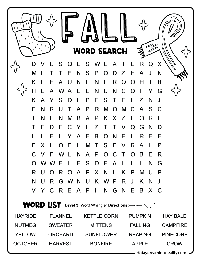 medium difficulty fall word search for grades 2 and 3 (20 words)