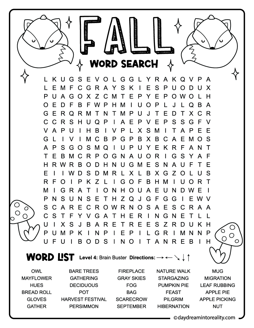 fall word search puzzle for older kids grade 4 and up (30 words)