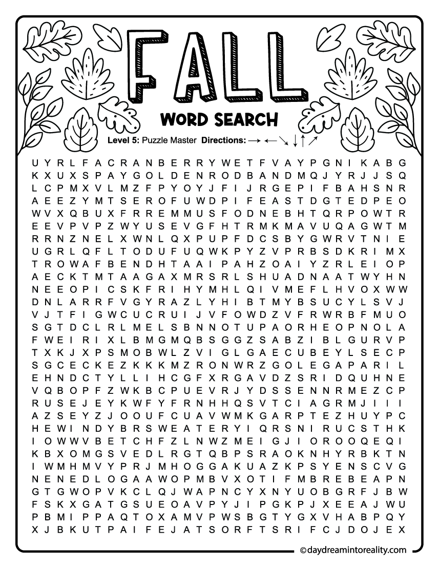 hard fall word search puzzle for middle school kids and even adults (50 words)